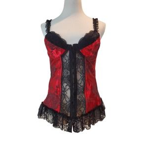 Shirley of Hollywood Red Corset Top Lace Up Moulin Rouge 38W